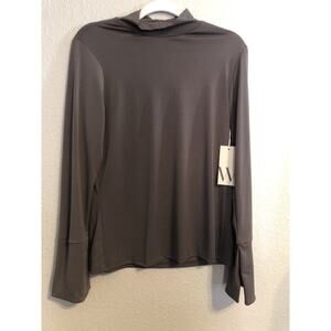 New Worthington Womens Top M Gray Grey Mock Neck Blouse Long Sleeve Peasant Boho